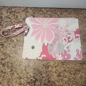 CHICOS Zipper Pouch Wristlet Faux Leather Floral Print Breast Cancer Awareness‎